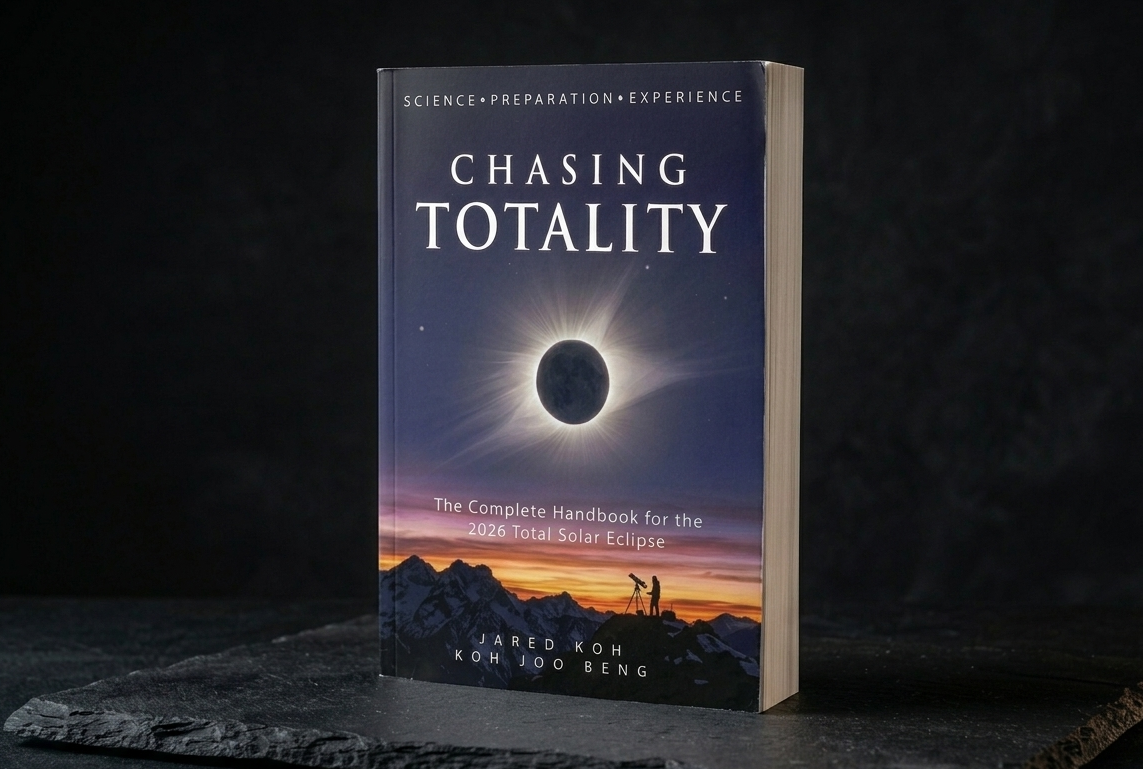 Chasing Totality — softcover edition, front cover, photographed in low light