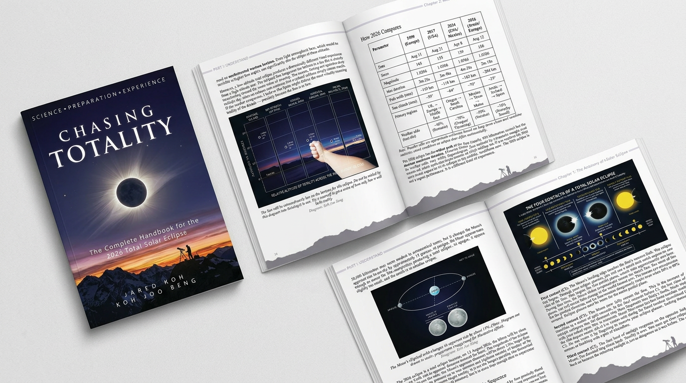 Chasing Totality — cover and interior spreads, including diagrams and full-colour photography