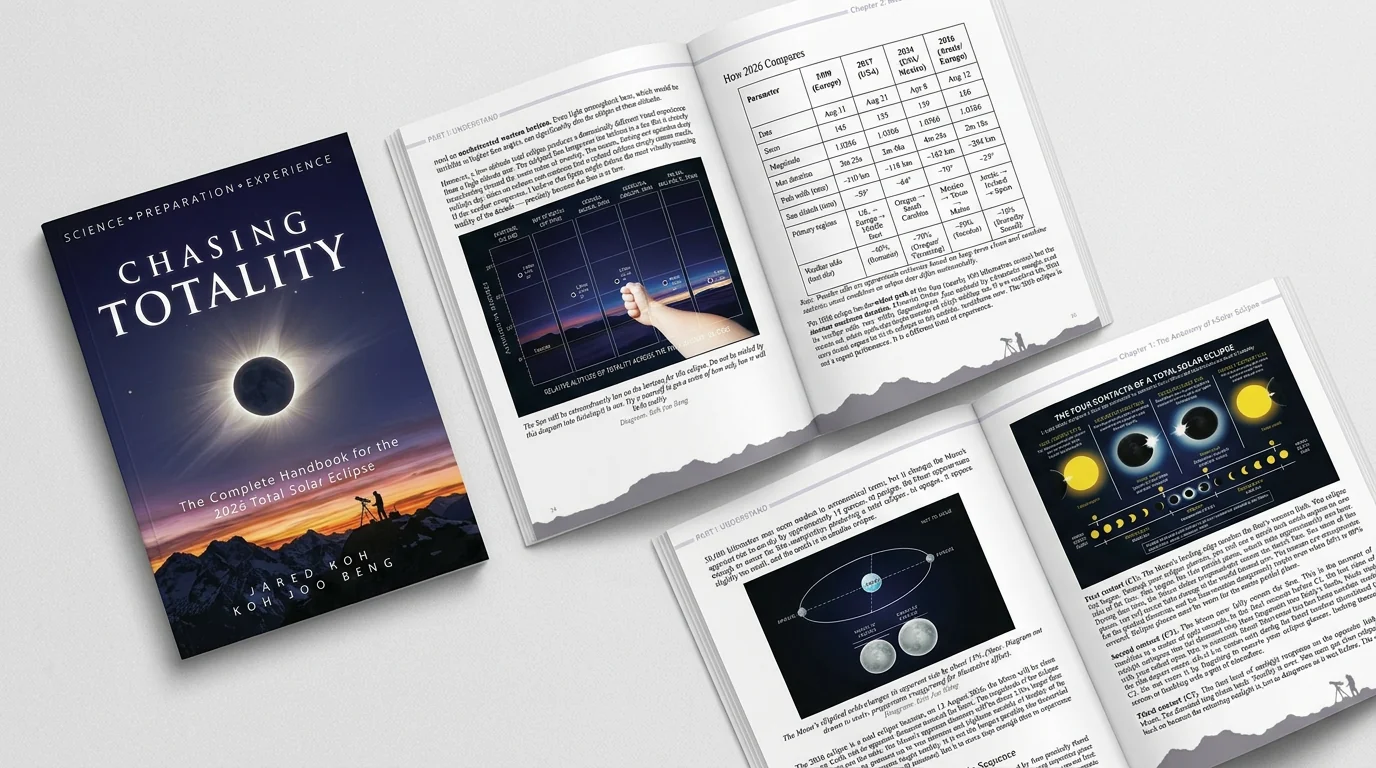 Chasing Totality — cover and interior spreads, including diagrams and full-colour photography
